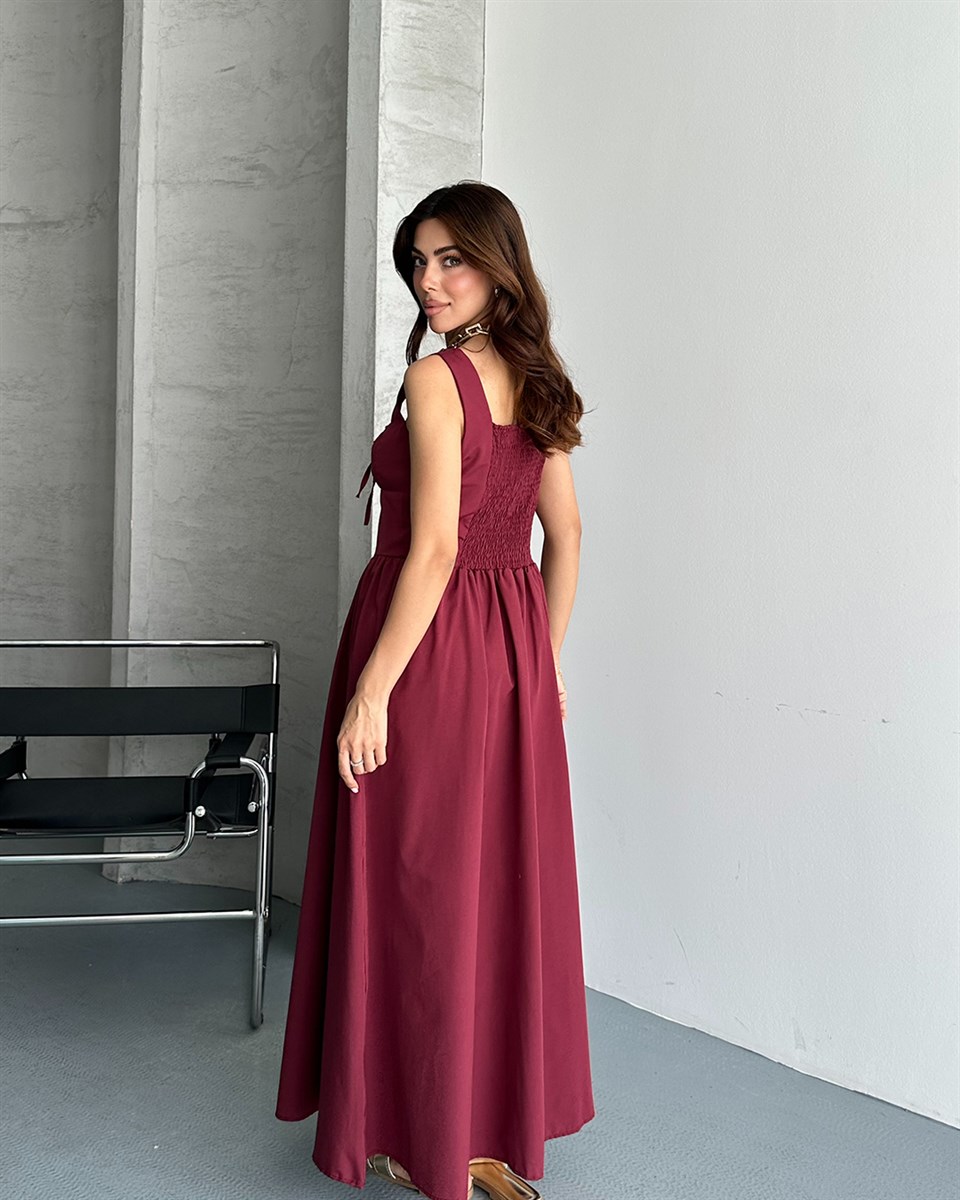 Bordo Kare Yaka Askılı Maxi Elbise