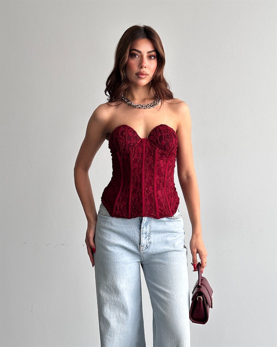 Bordo Dantel Detaylı Büstiyer