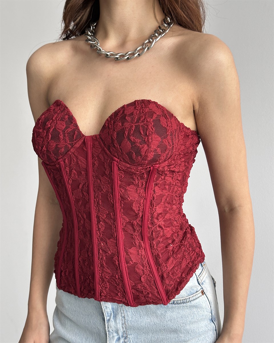 Bordo Dantel Detaylı Büstiyer