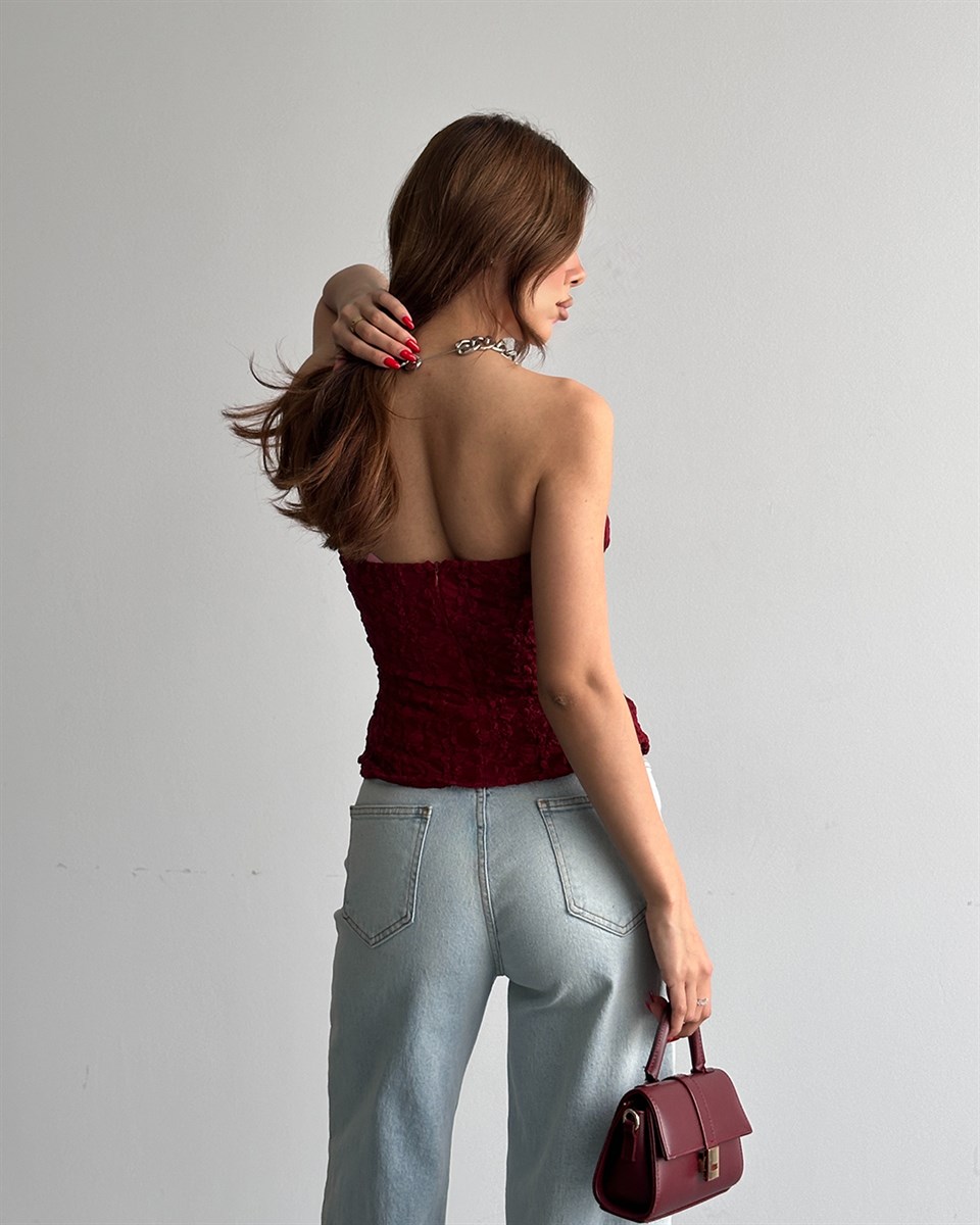 Bordo Dantel Detaylı Büstiyer
