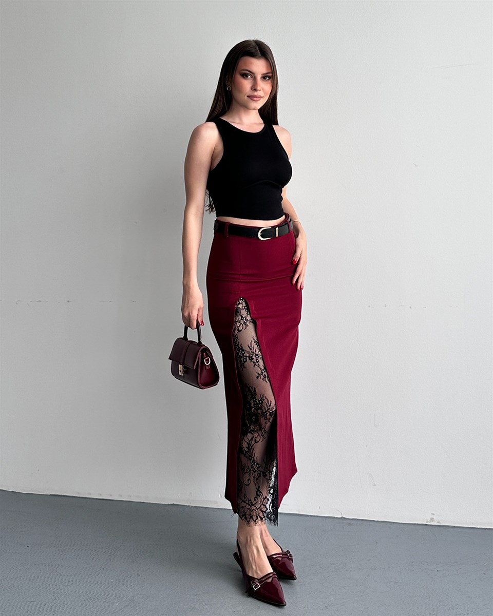 Bordo Dantel Yırtmaçlı Midi Etek