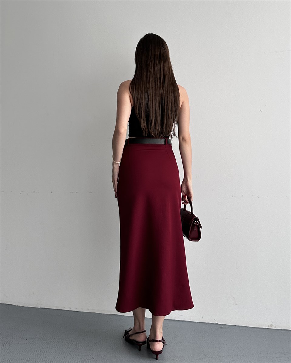 Bordo Dantel Yırtmaçlı Midi Etek