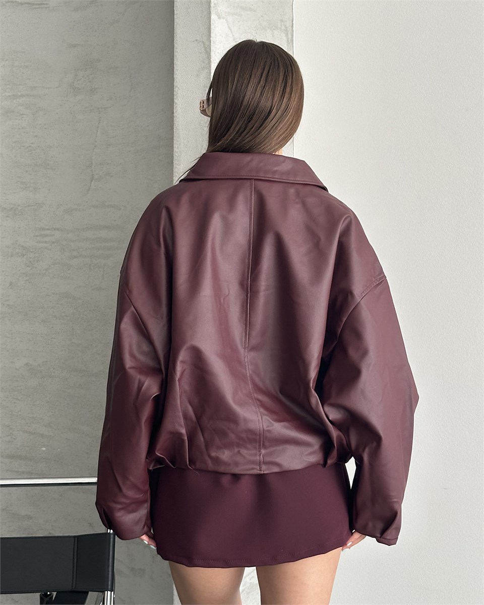 Bordo Deri Bomber Ceket