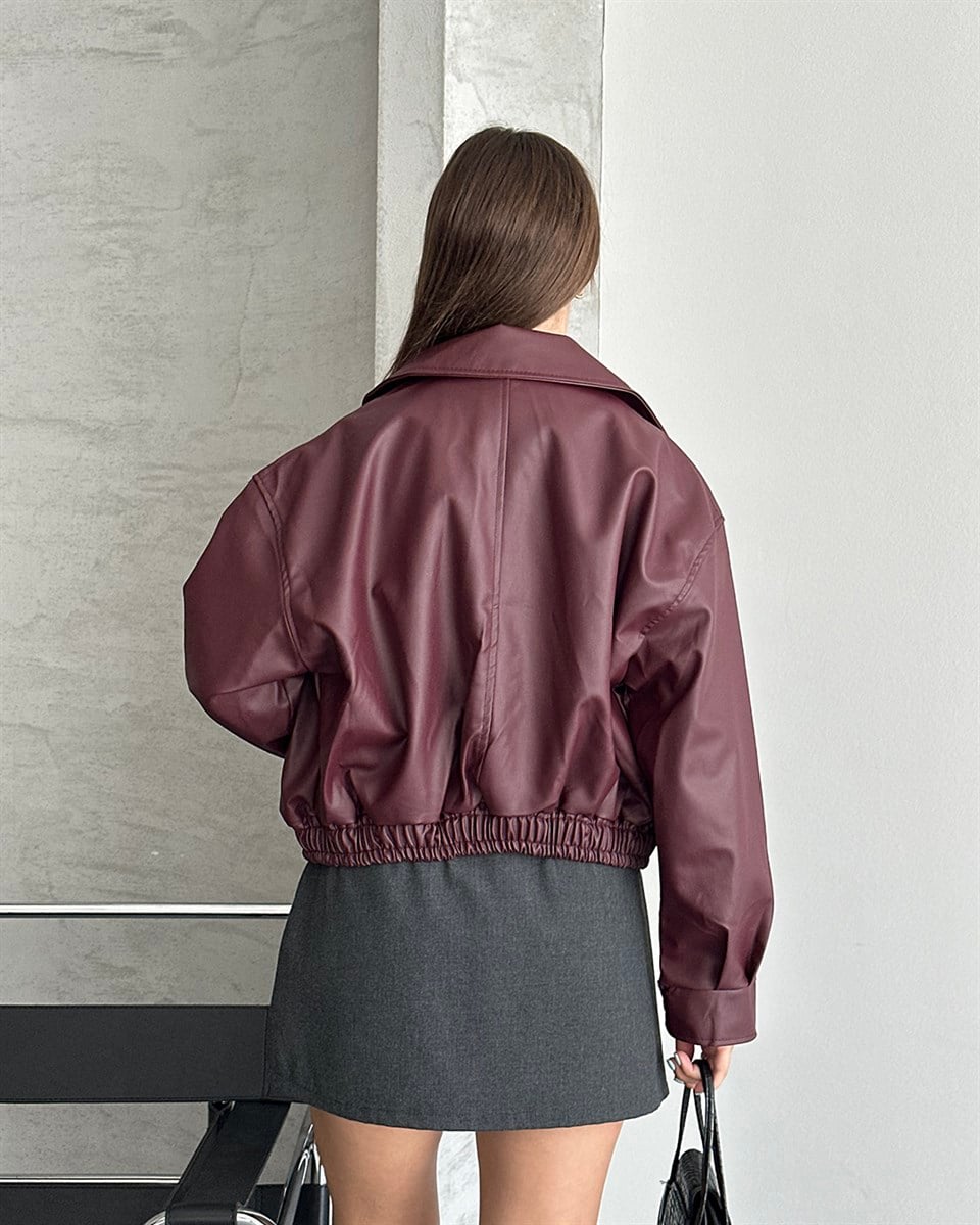 Bordo Deri Bomber Ceket