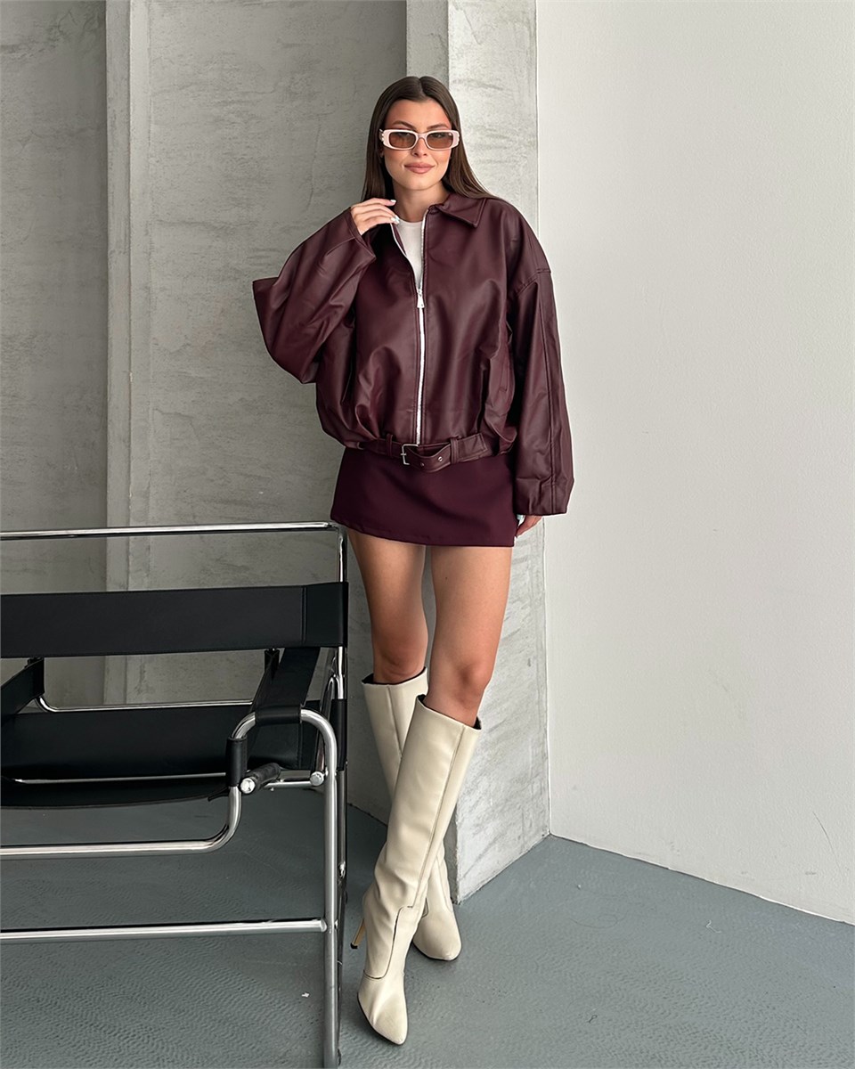 Bordo Deri Bomber Ceket