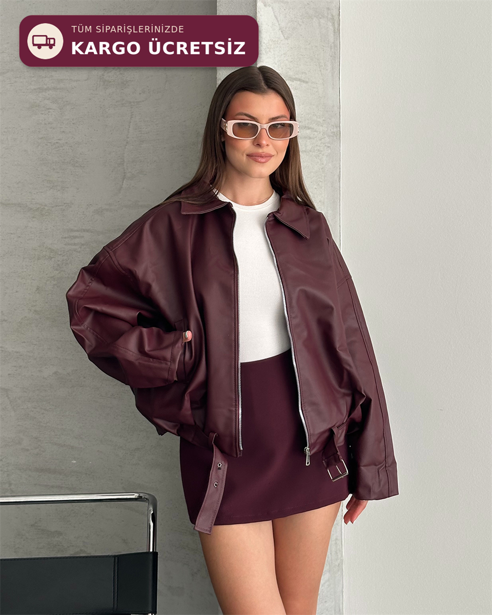 Bordo Deri Bomber Ceket