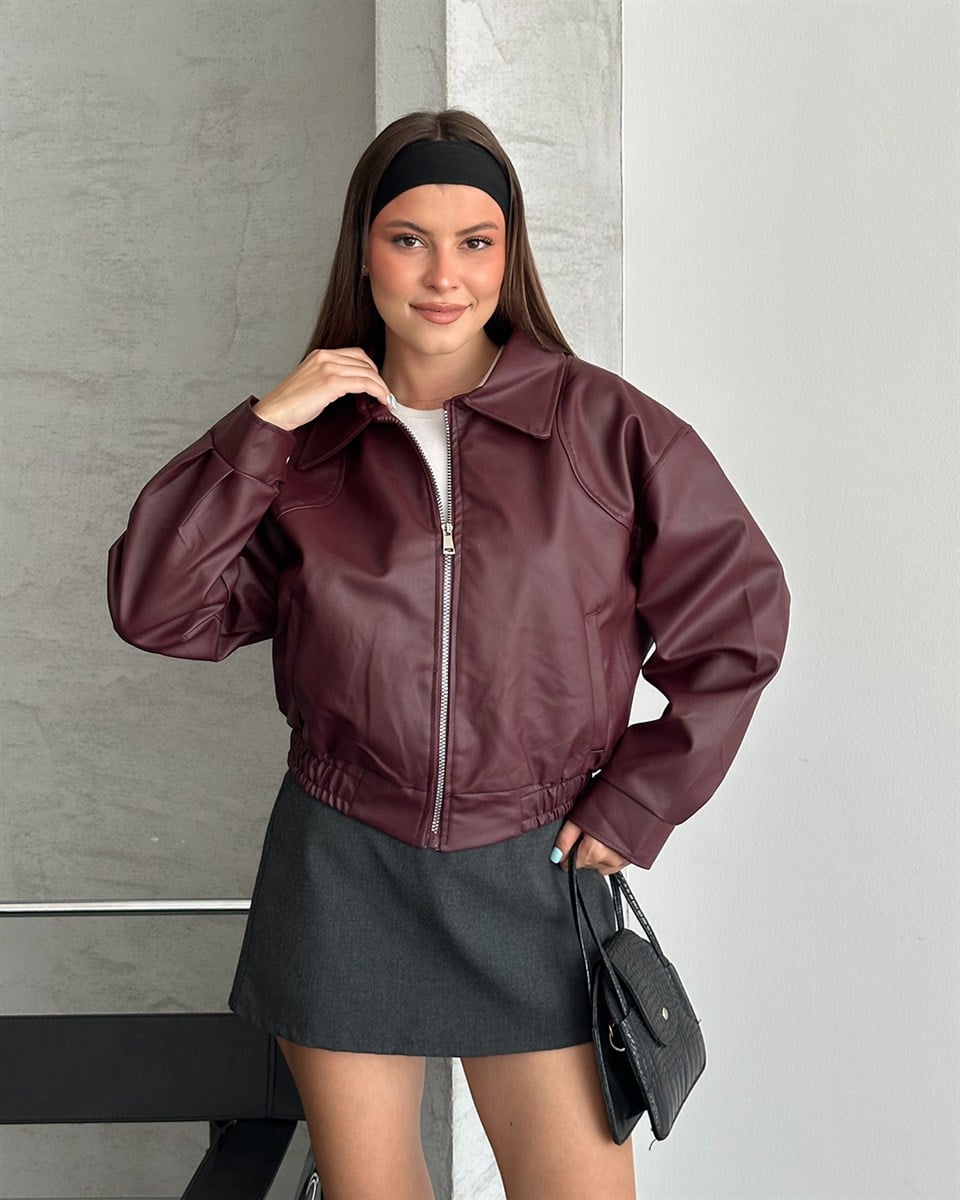 Bordo Deri Bomber Ceket