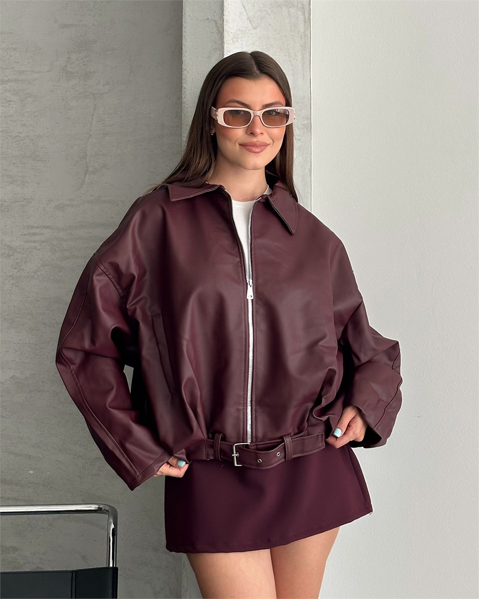 Bordo Deri Bomber Ceket