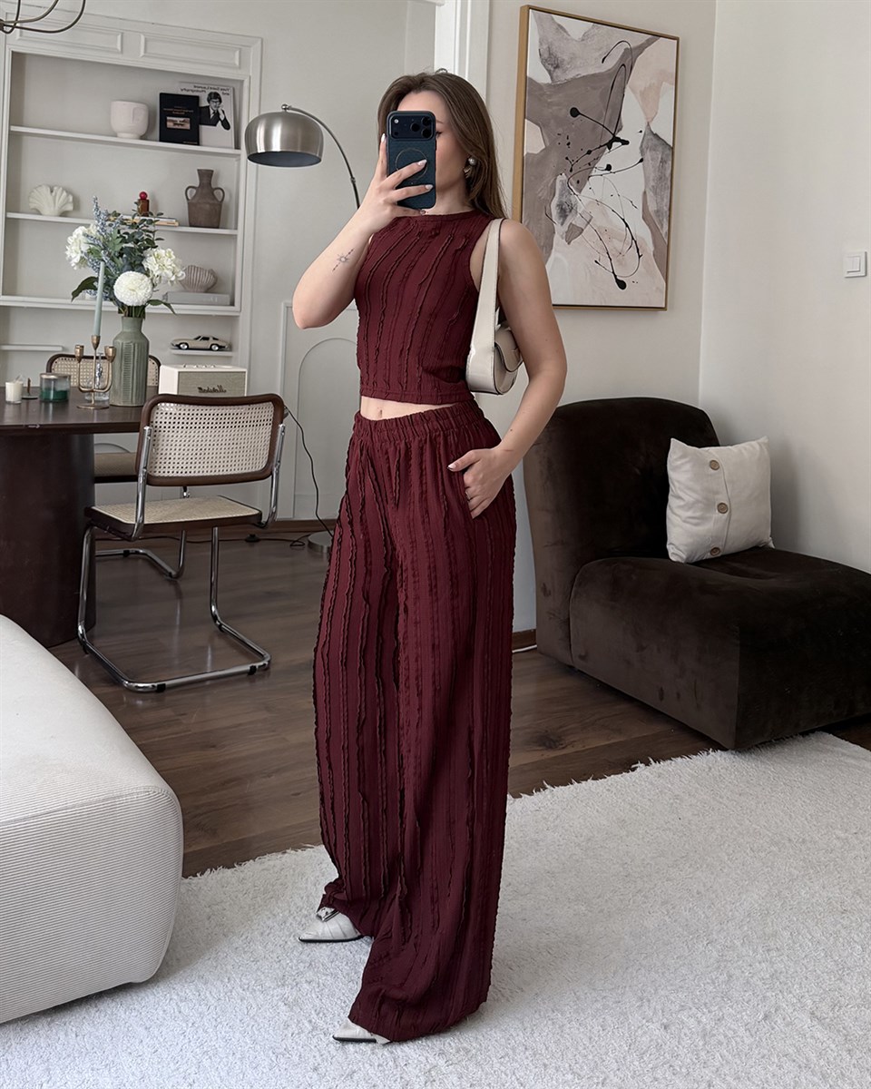 Bordo Fitilli Crop Bluz Palazzo Pantolon Takım