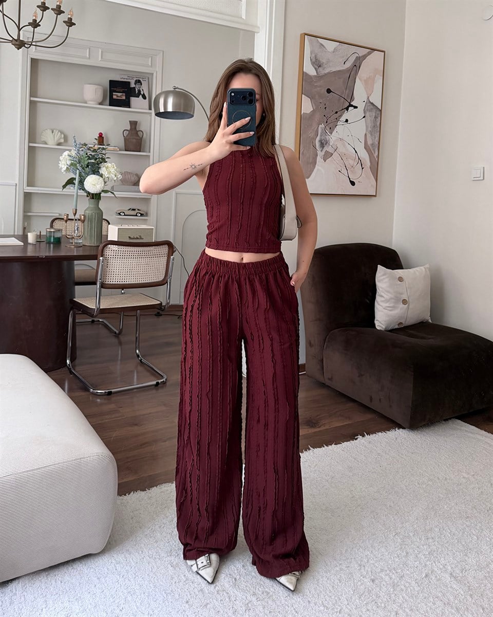 Bordo Fitilli Crop Bluz Palazzo Pantolon Takım