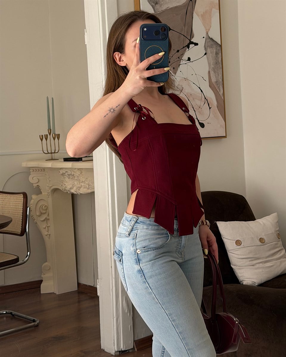 Bordo İp Detaylı Korse Bluz