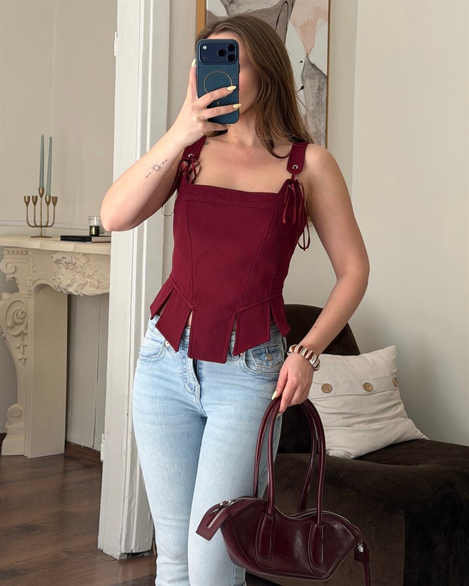 Bordo İp Detaylı Korse Bluz