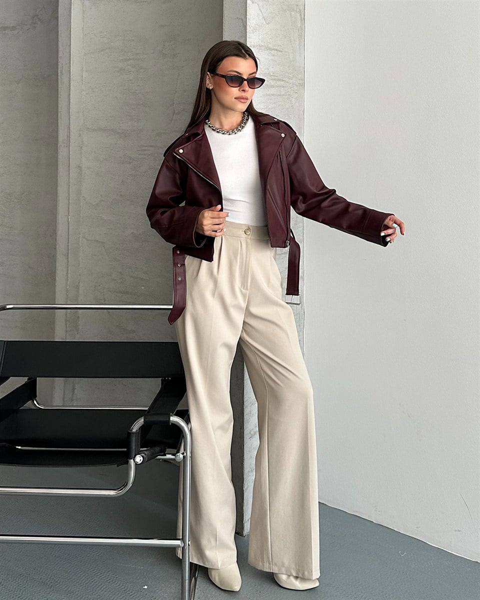 Bordo Kemerli Crop Deri Ceket