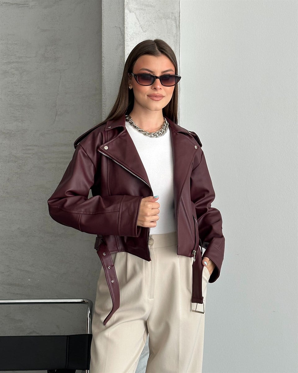 Bordo Kemerli Crop Deri Ceket