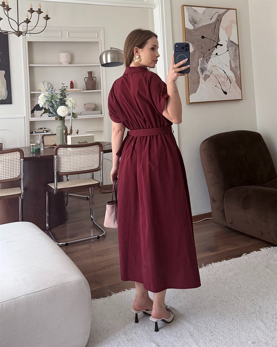 Bordo Kemerli Midi Elbise