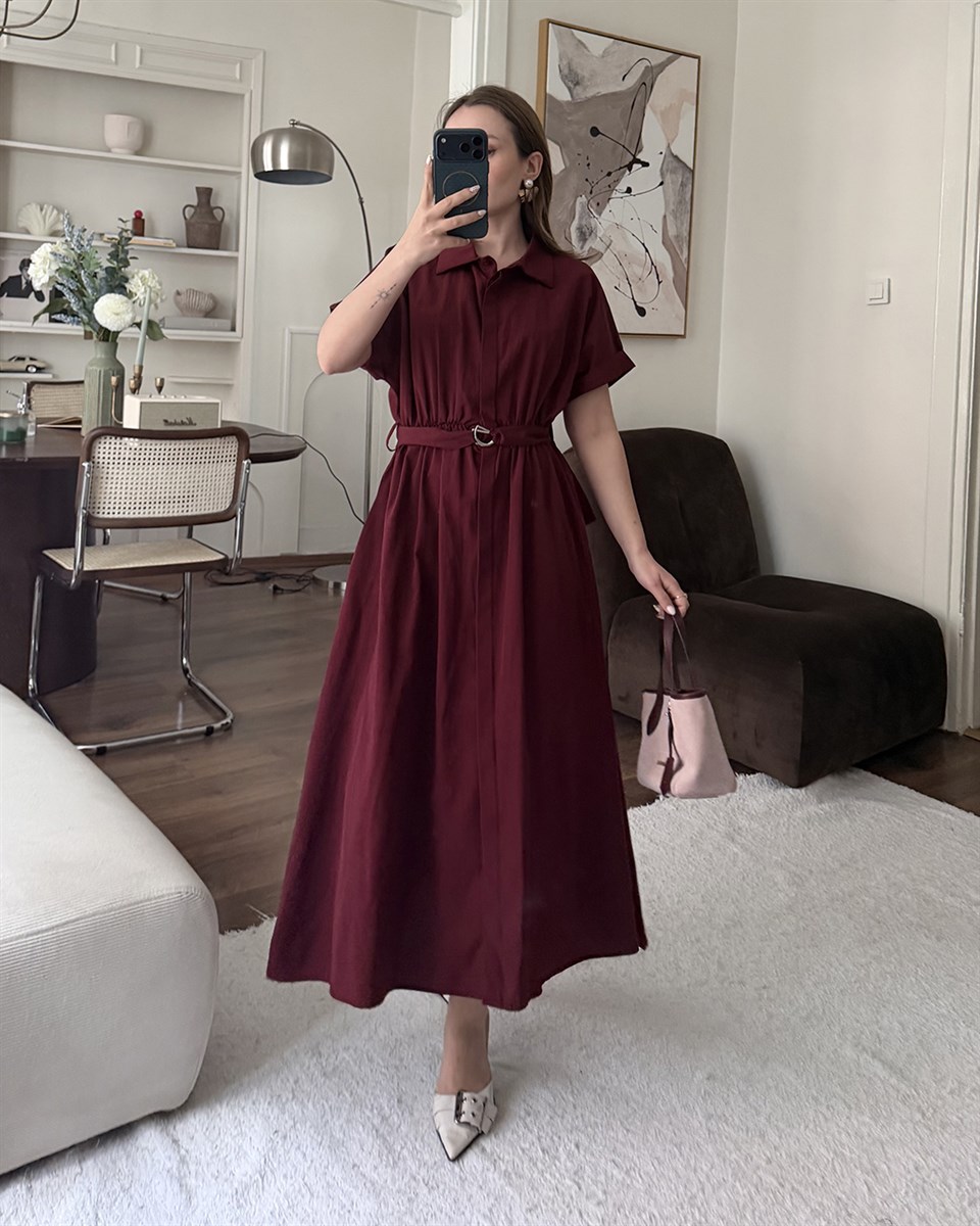 Bordo Kemerli Midi Elbise