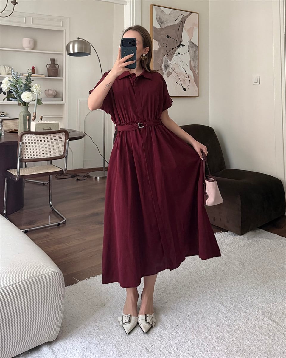 Bordo Kemerli Midi Elbise