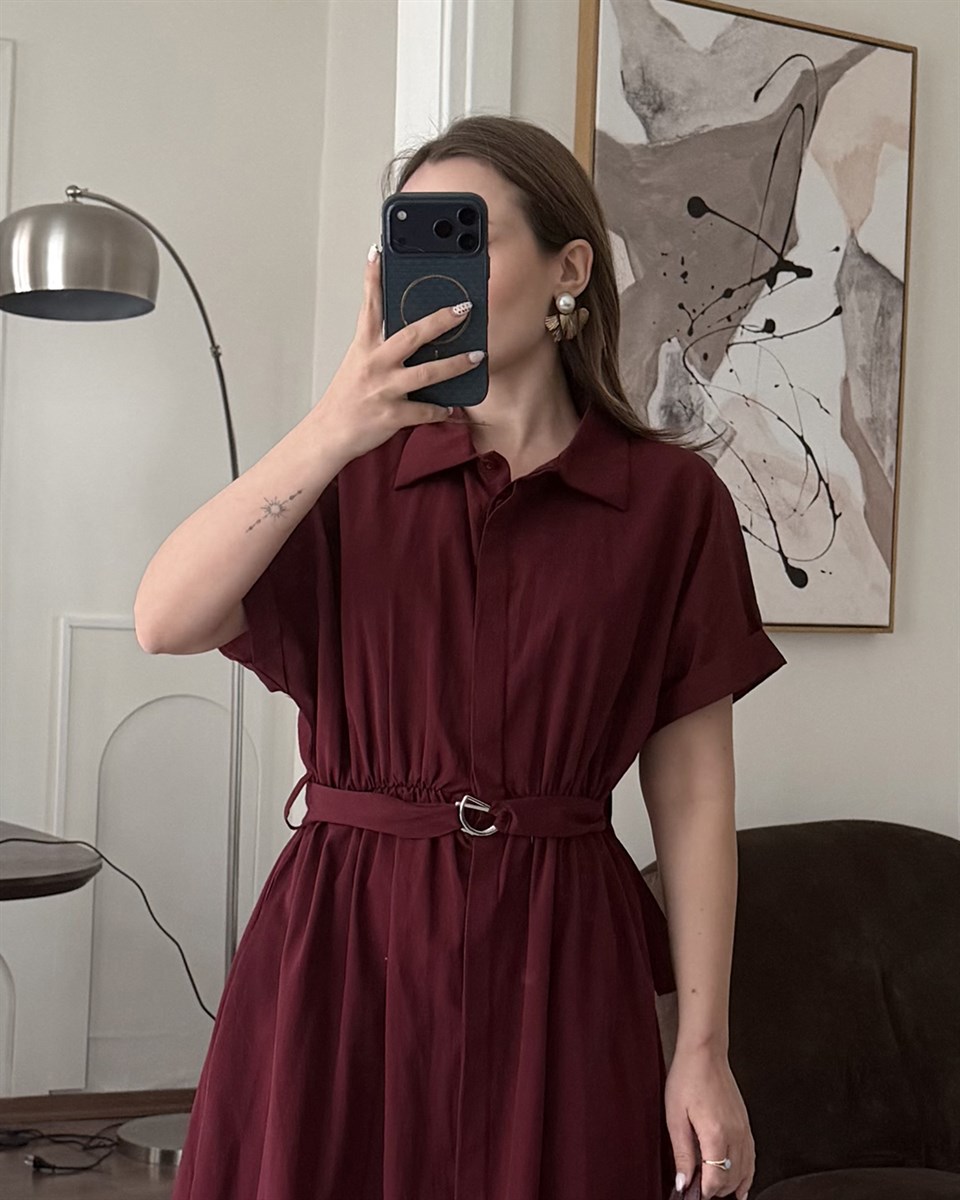 Bordo Kemerli Midi Elbise