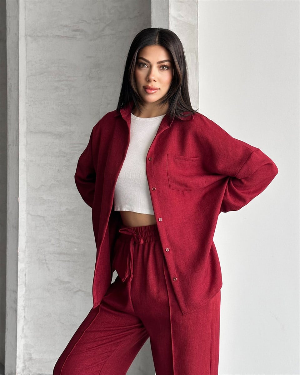 Bordo Keten Gömlek Pantolon Takım