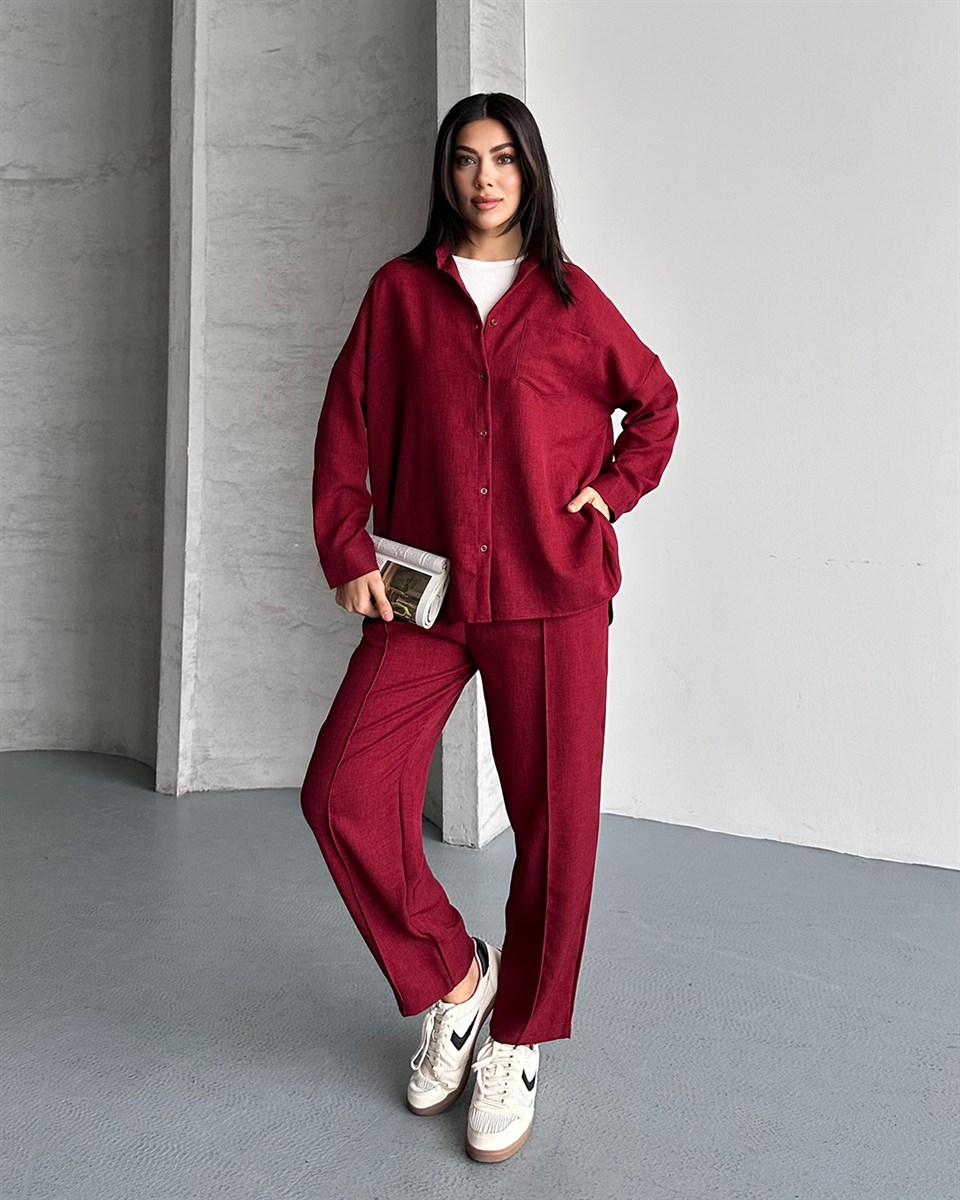 Bordo Keten Gömlek Pantolon Takım