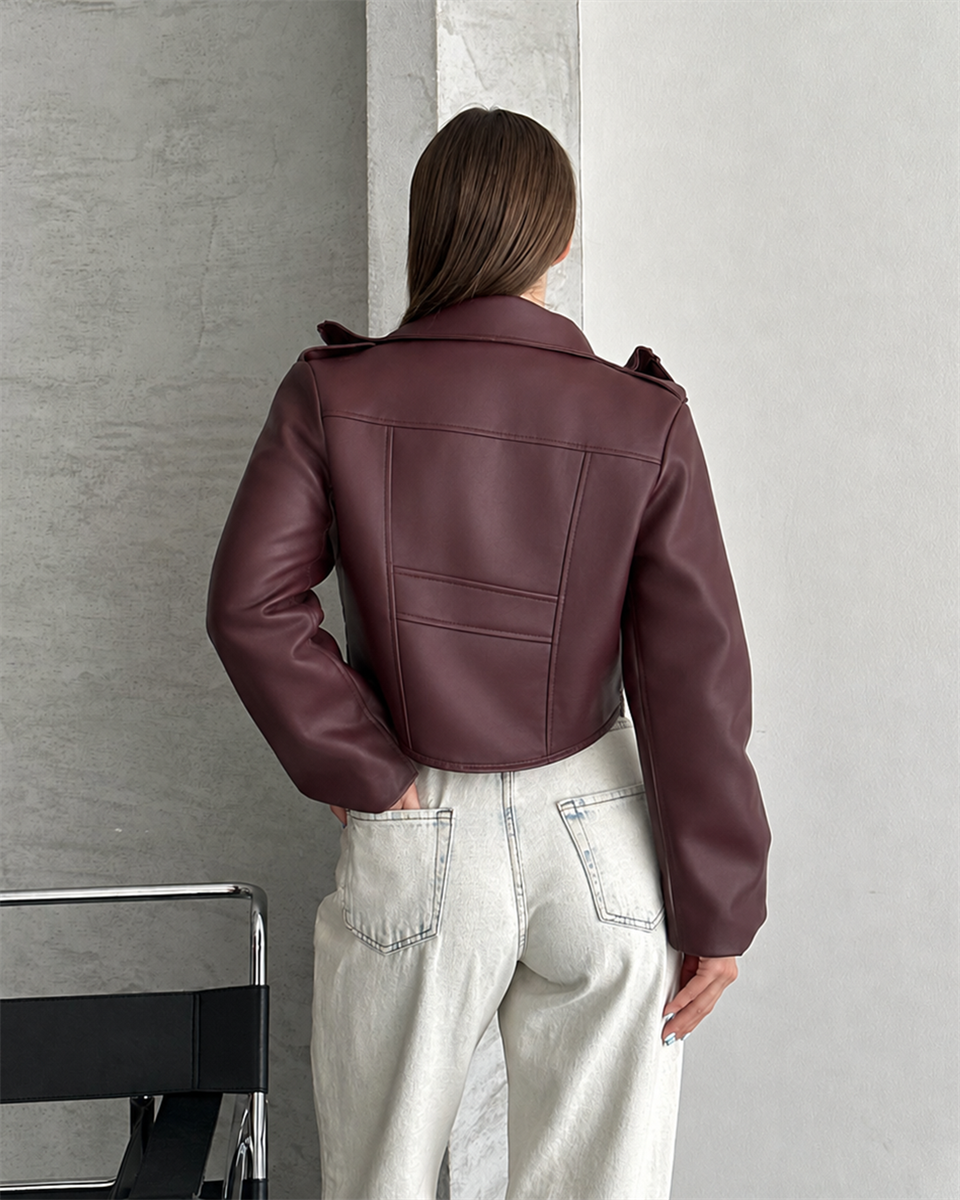 Bordo Korse Detaylı Deri Ceket