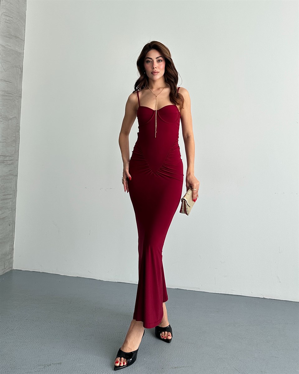 Bordo Korse Görünümlü Drapeli Elbise