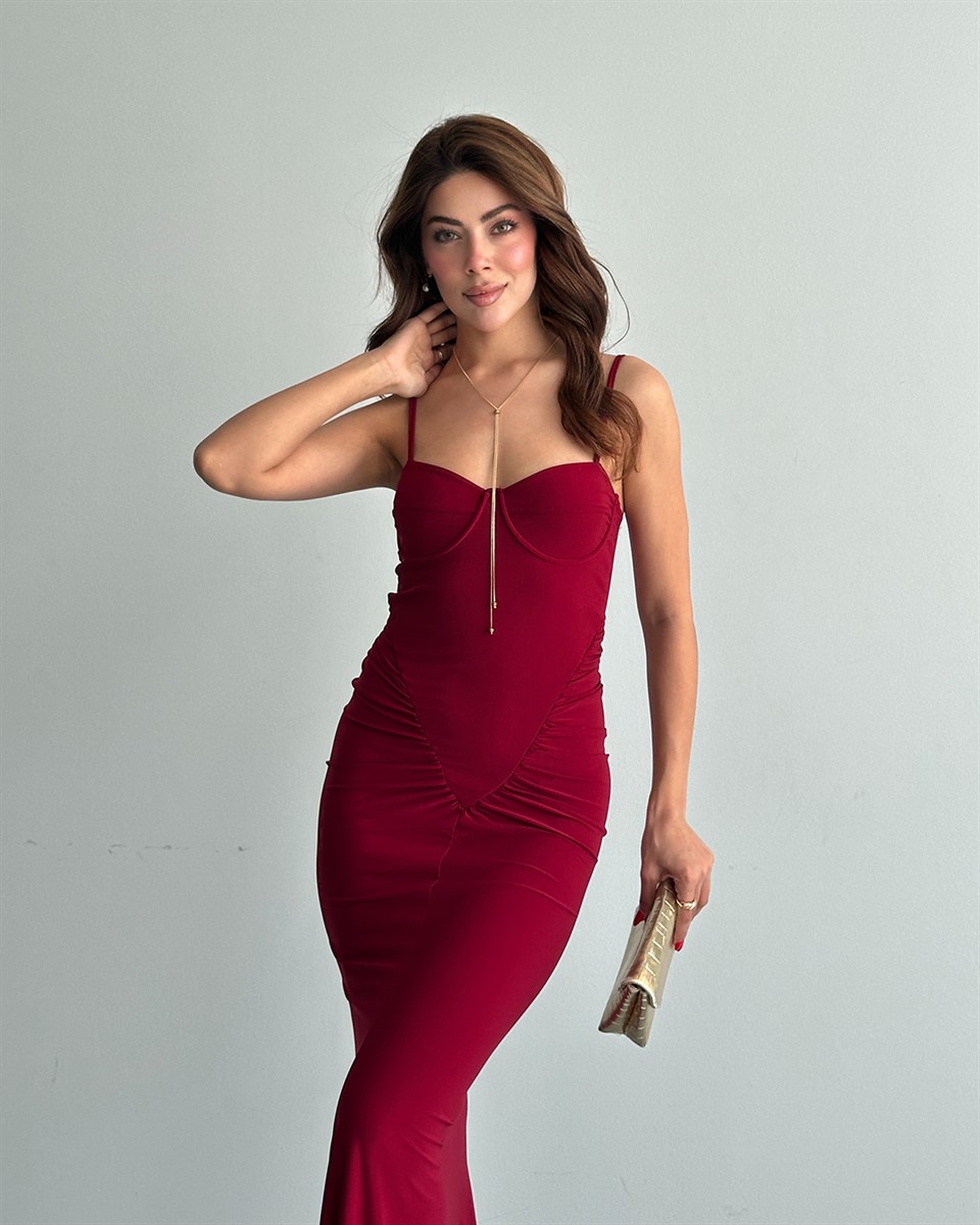 Bordo Korse Görünümlü Drapeli Elbise