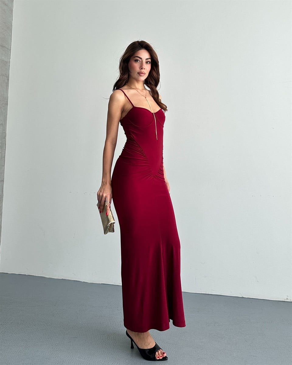 Bordo Korse Görünümlü Drapeli Elbise