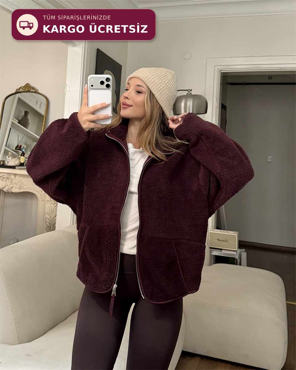 Bordo Peluş Polar Ceket