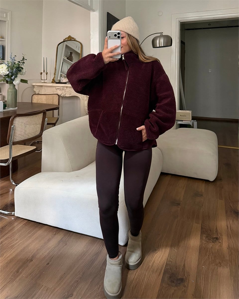 Bordo Peluş Polar Ceket
