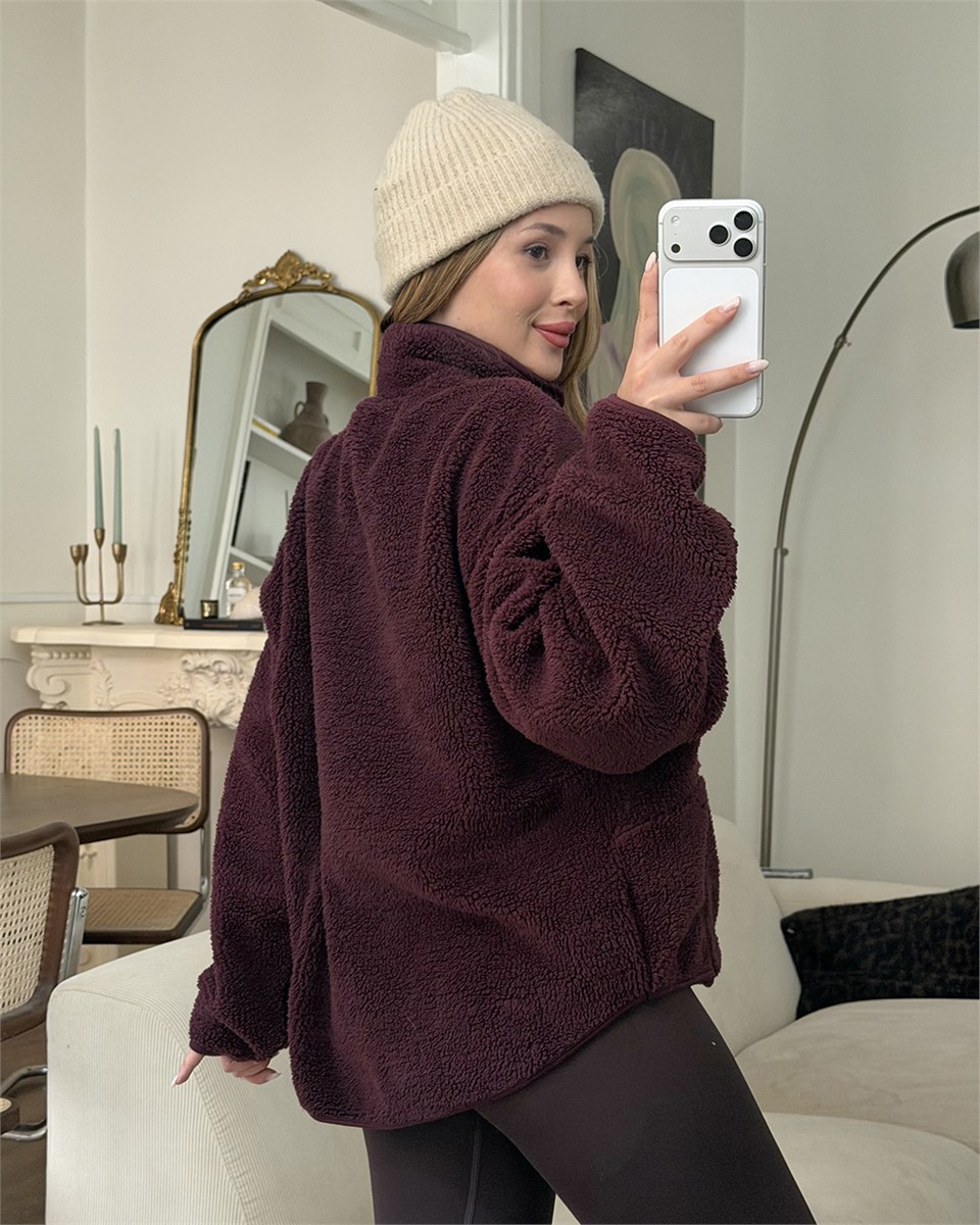 Bordo Peluş Polar Ceket