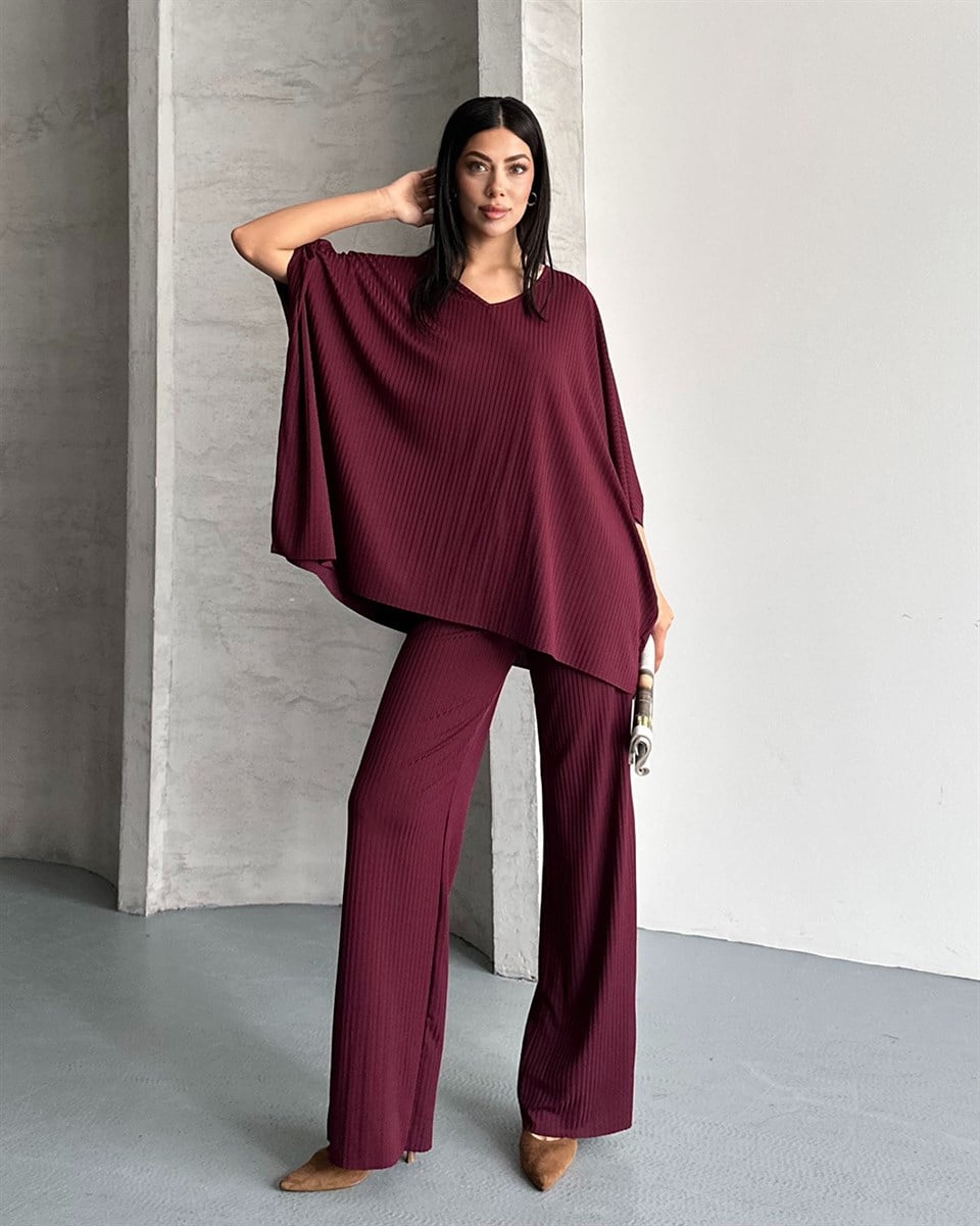 Bordo Piliseli Panço Üstlü İkili Takım