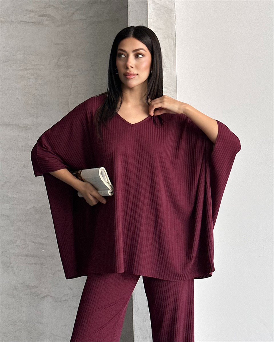 Bordo Piliseli Panço Üstlü İkili Takım