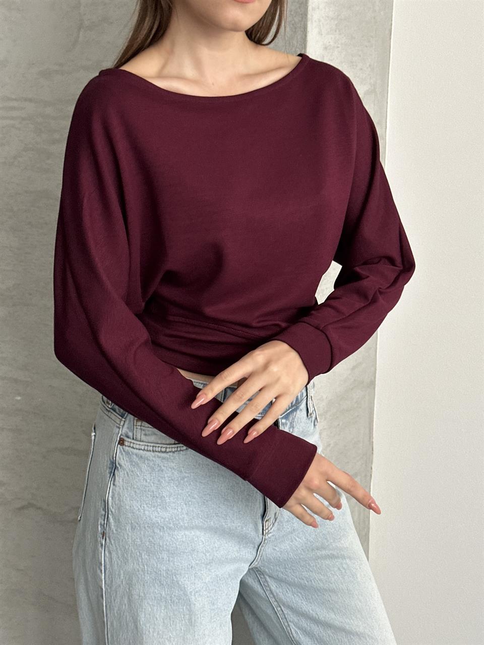 Bordo Salaş Kesim Lastikli Bluz