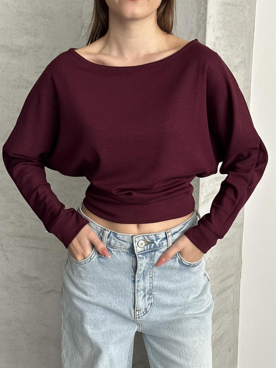 Bordo Salaş Kesim Lastikli Bluz