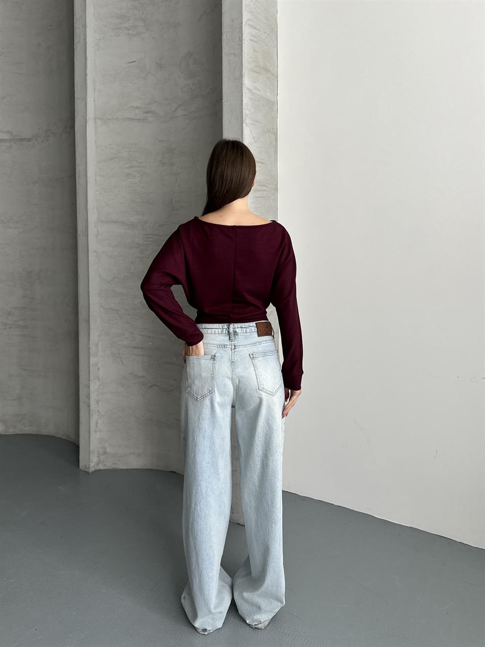 Bordo Salaş Kesim Lastikli Bluz