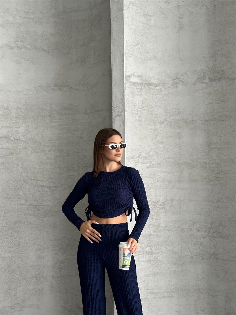 Lacivert Waffle Kumaş Bağcıklı İkili Takım