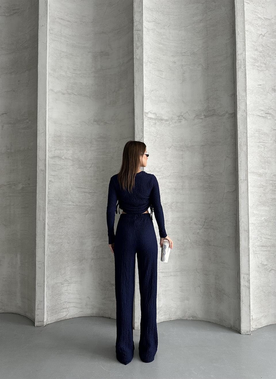 Lacivert Waffle Kumaş Bağcıklı İkili Takım