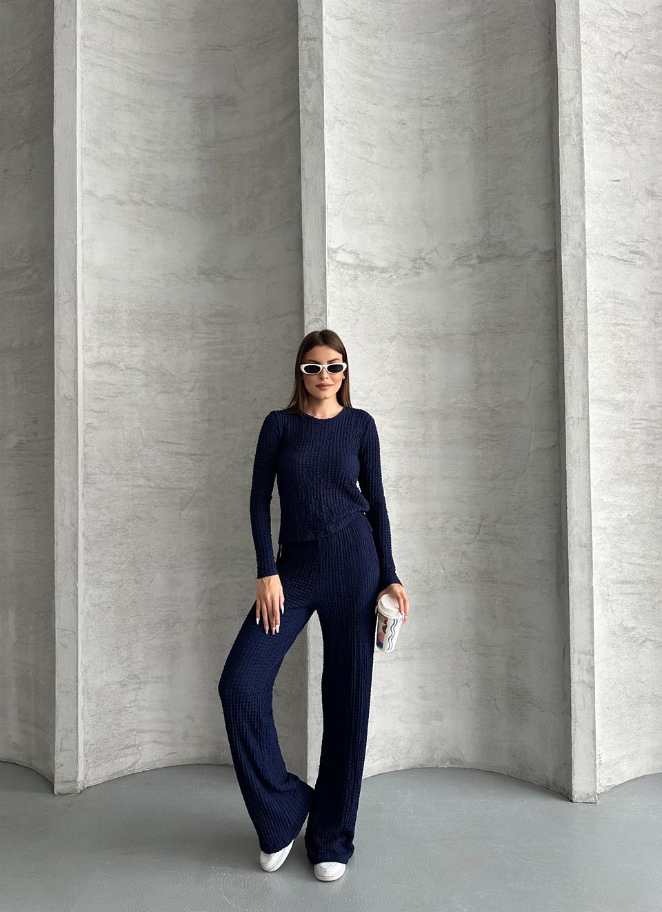 Lacivert Waffle Kumaş Bağcıklı İkili Takım