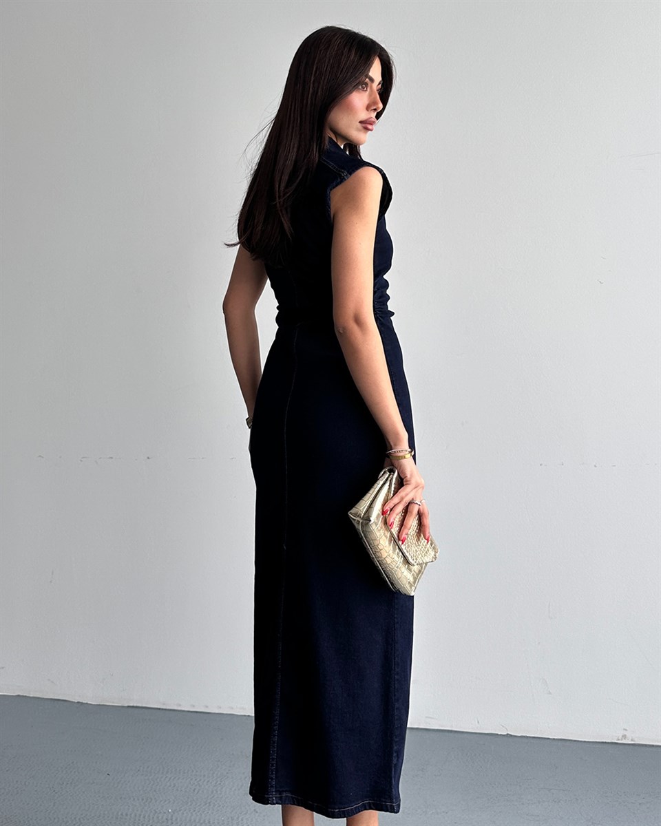 Boydan Düğmeli Denim Maxi Elbise
