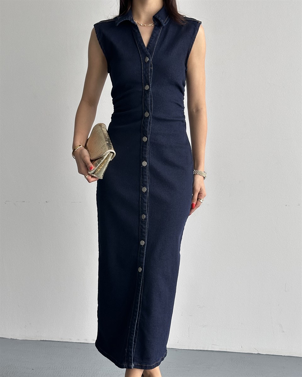 Boydan Düğmeli Denim Maxi Elbise