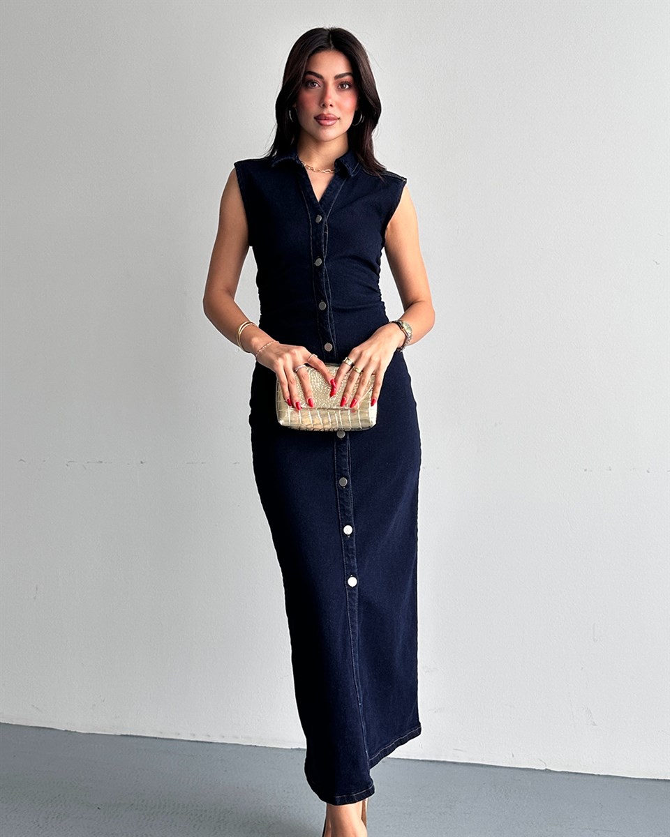 Boydan Düğmeli Denim Maxi Elbise