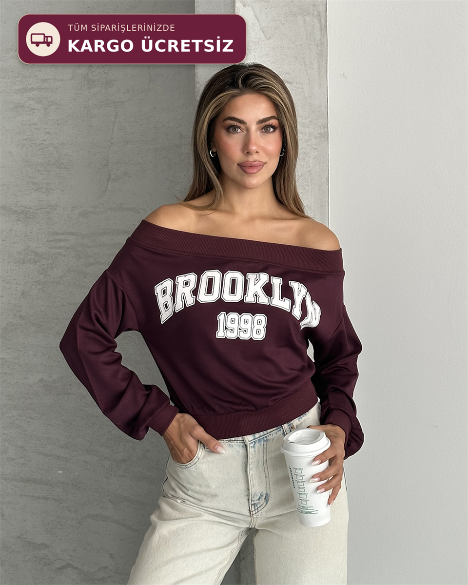 Brooklyn 1998 Baskılı Kayık Yaka Bordo Bluz