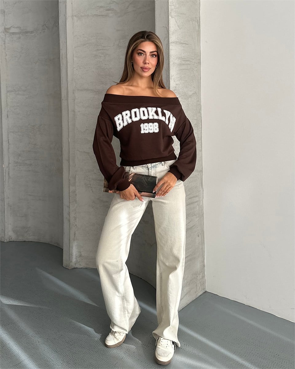 Brooklyn 1998 Baskılı Kayık Yaka Bordo Bluz