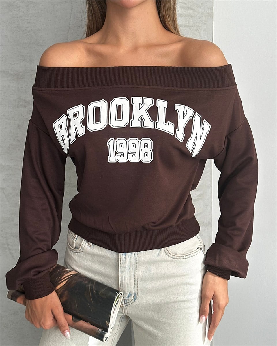 Brooklyn 1998 Baskılı Kayık Yaka Kahverengi Bluz