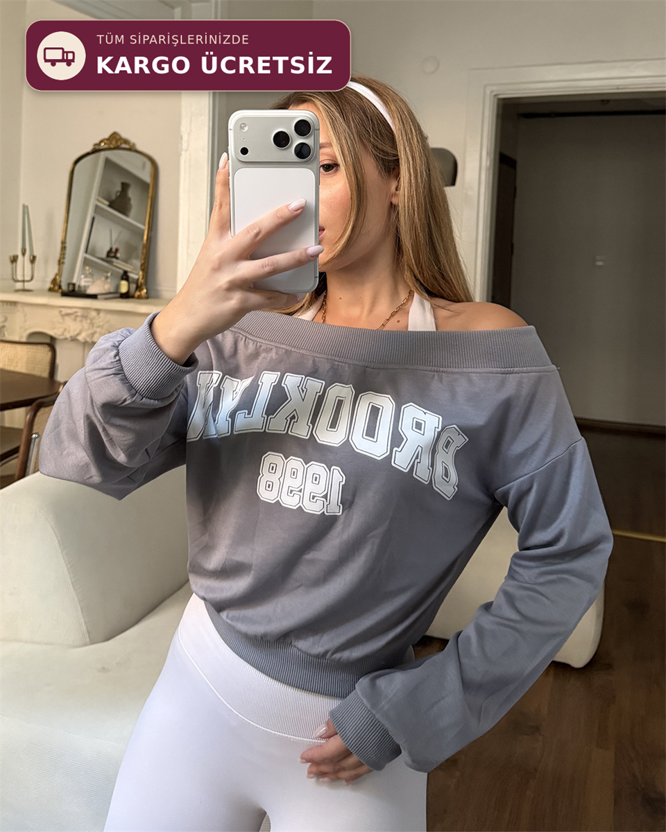 Brooklyn 1998 Baskılı Kayık Yaka Sweatshirt