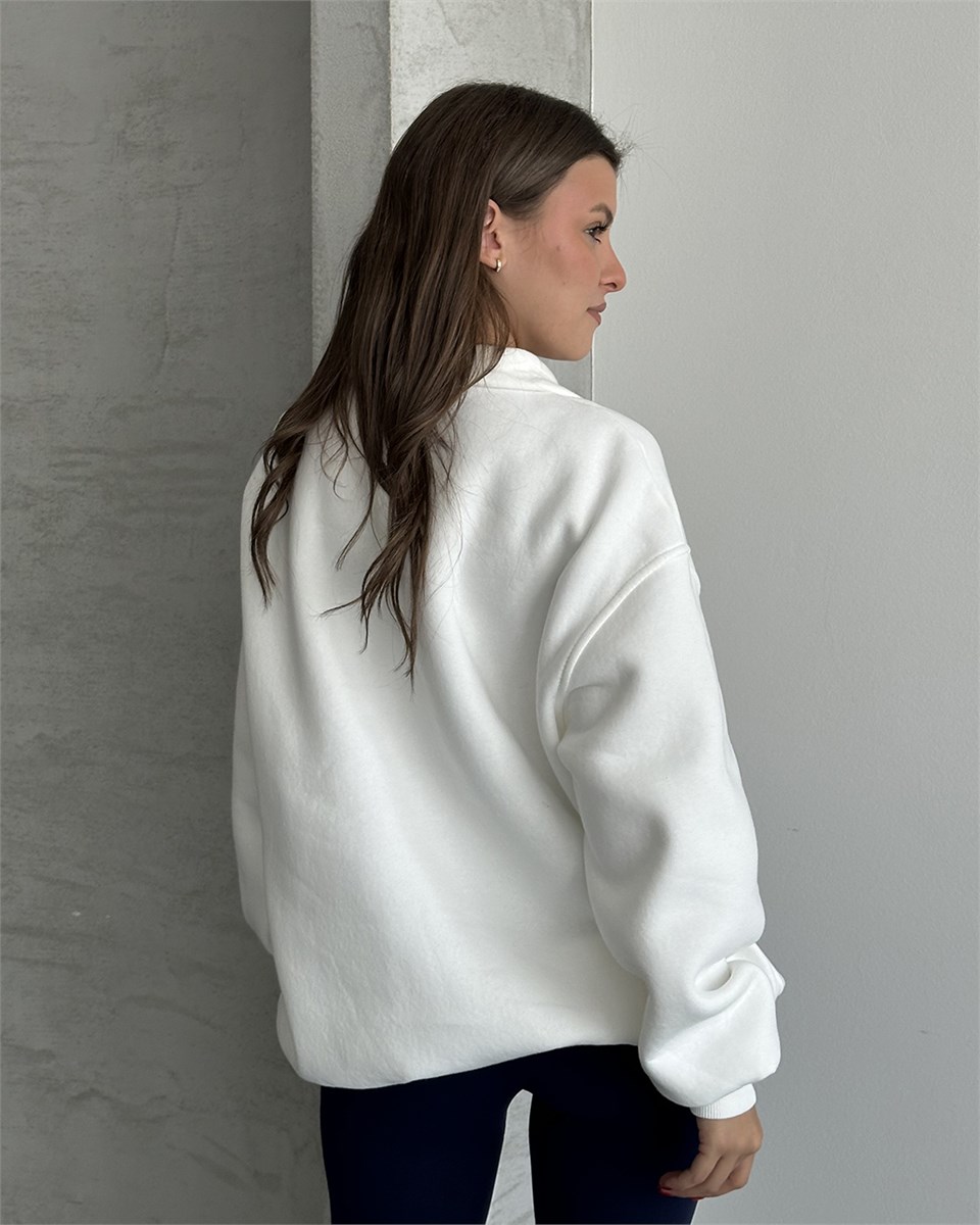 Brooklyn Nakışlı Fermuar Yaka Beyaz Sweatshirt