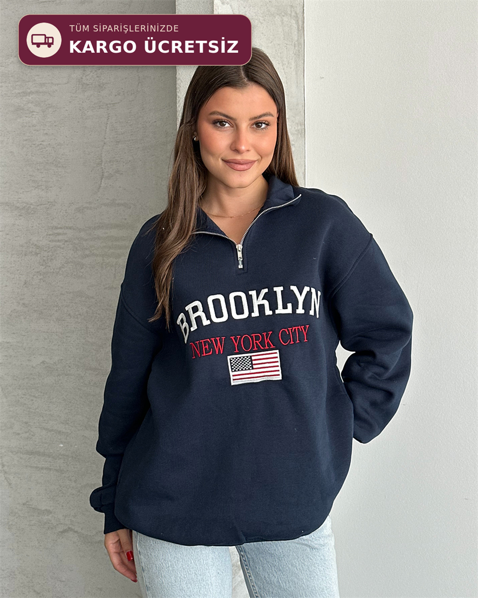 Brooklyn Nakışlı Fermuar Yaka Lacivert Sweatshirt
