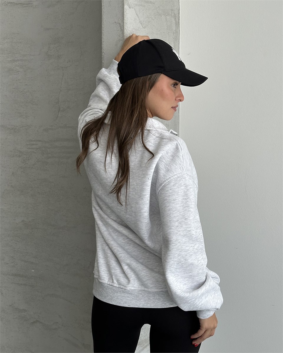 Brooklyn Nakışlı Fermuar Yaka Melanj Sweatshirt