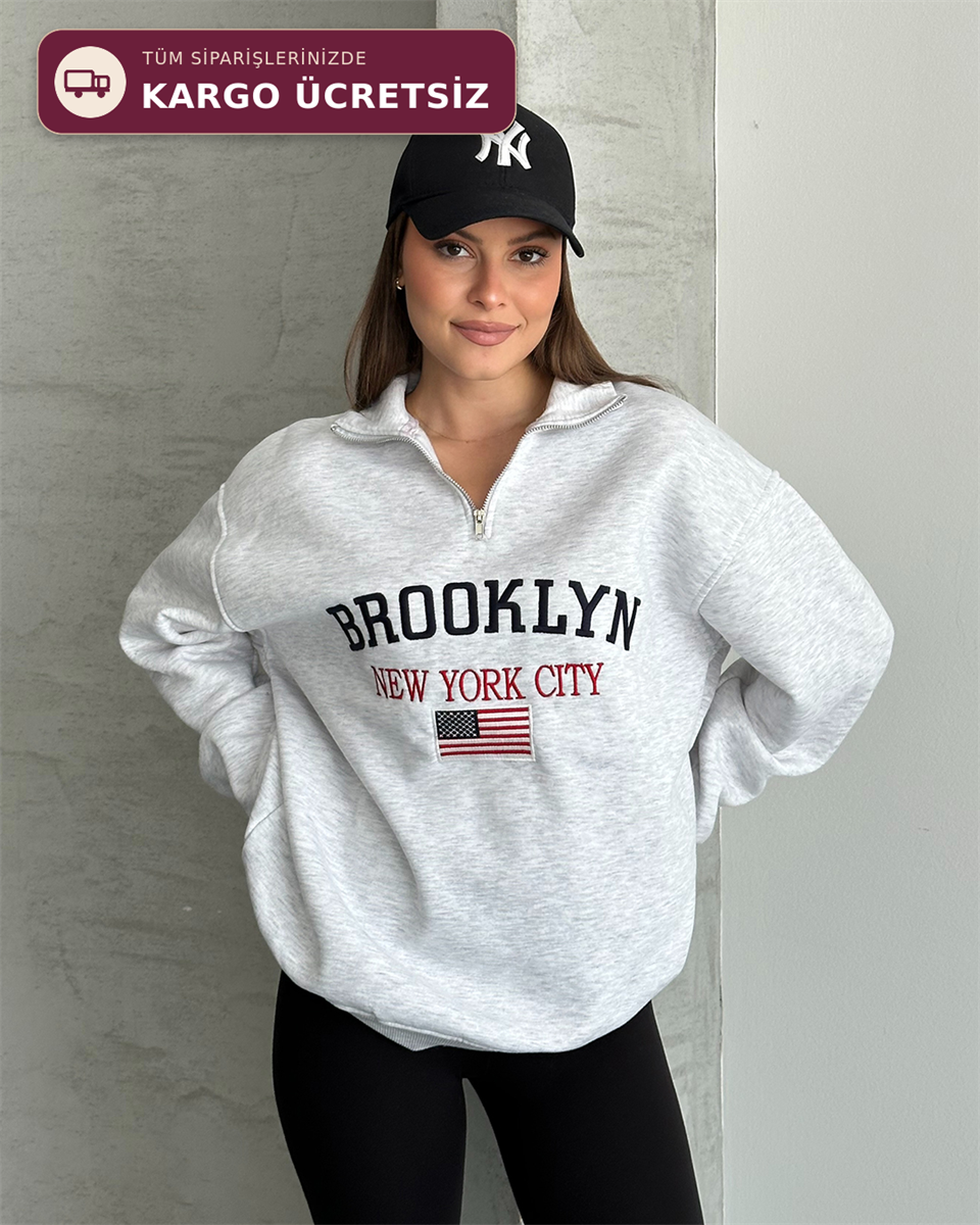 Brooklyn Nakışlı Fermuar Yaka Melanj Sweatshirt